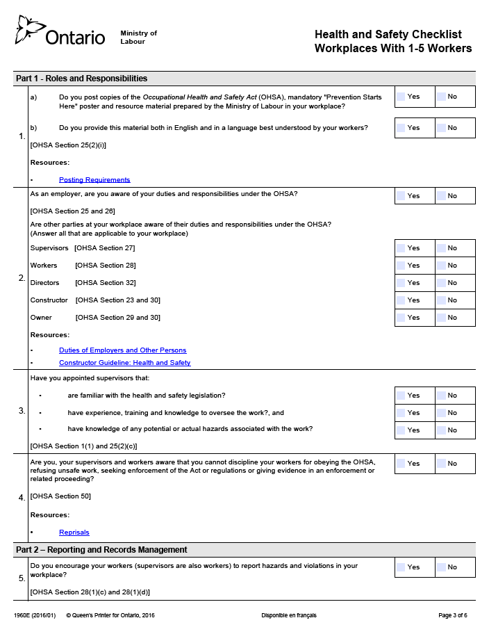 Occupational Health And Safety Checklist Ontario