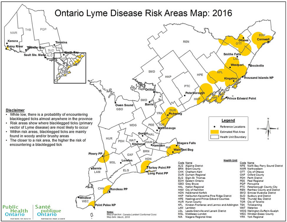 A map showing Ontario’s Lyme disease risk areas for 2016