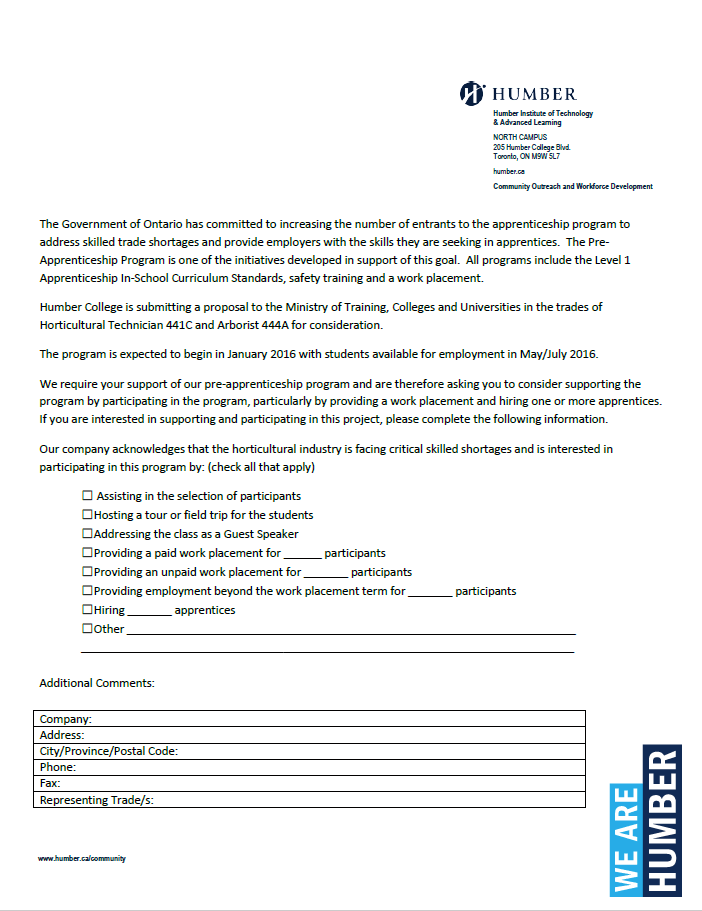 Humber College women's program letter