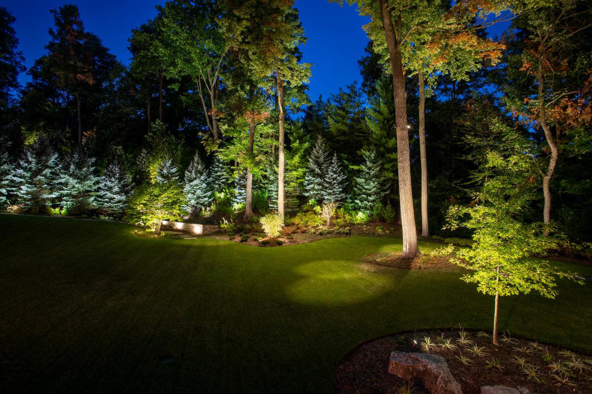 large backyard lit up at night