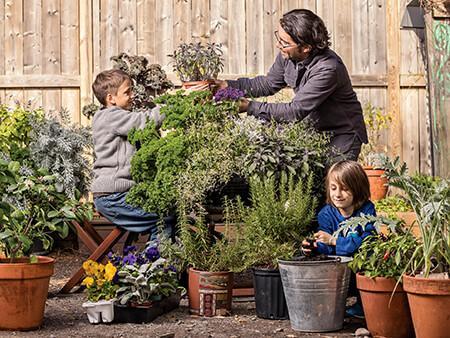 Adult container gardening with two small children